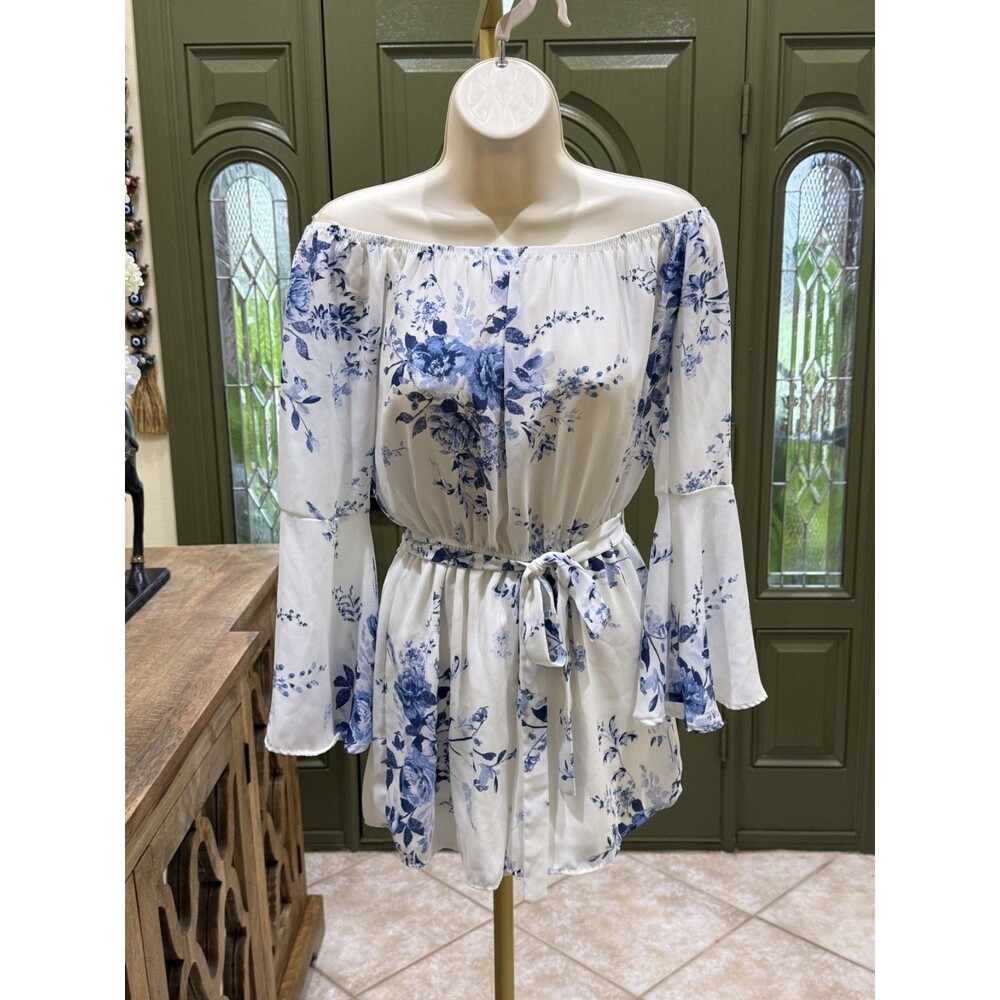Y2K Rue21 Women's Floral Off-the-Shoulder Romper – Blue & White